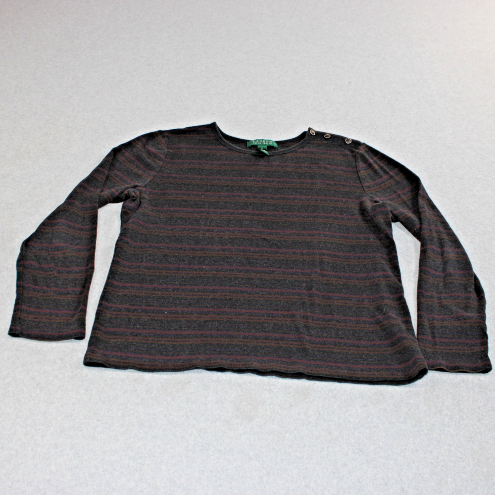 Lauren Ralph Lauren Shirt Womens Large Gray Stripe Long Sleeve Academia Heritage